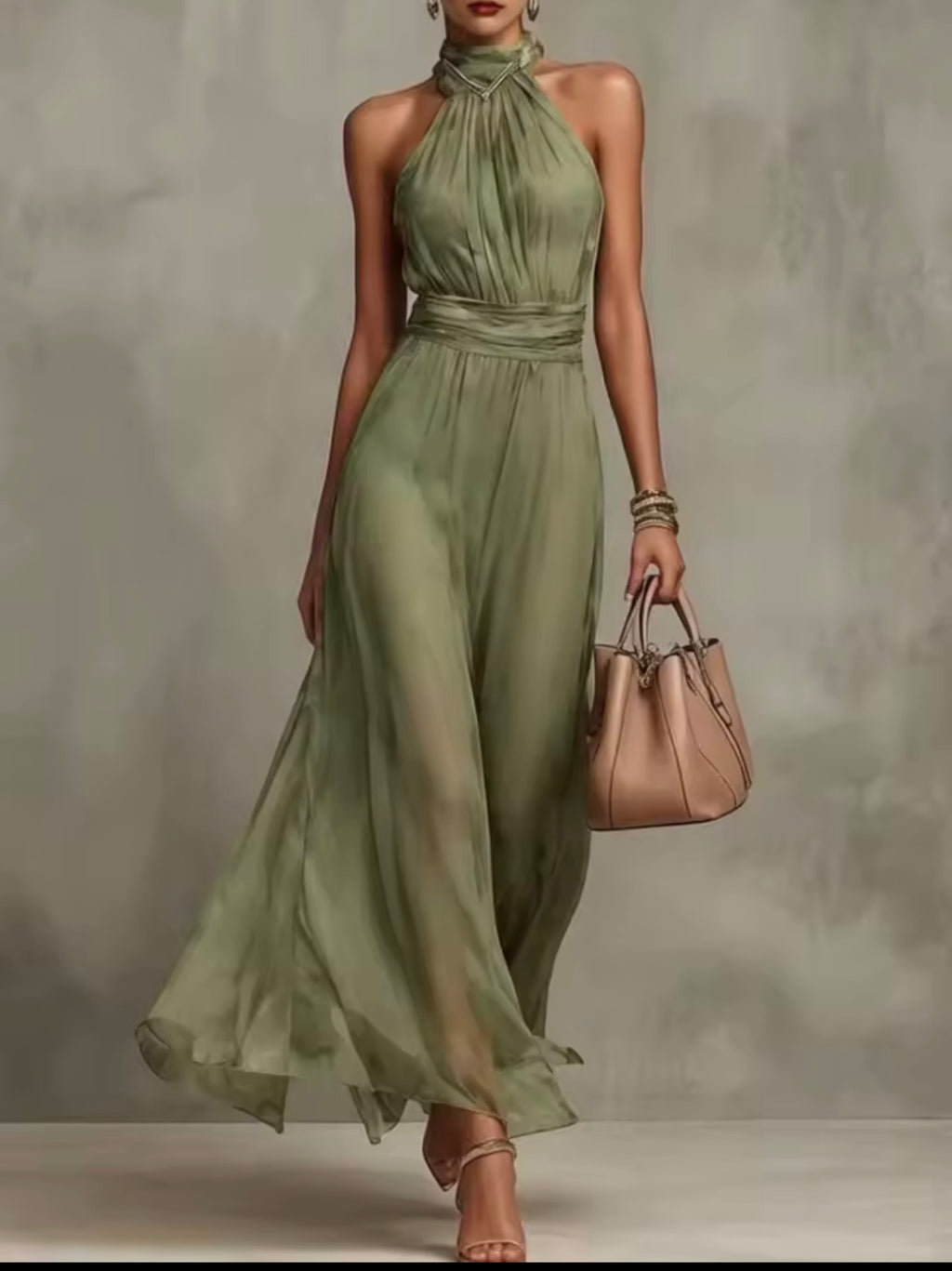 Vestido de gasa halter verde - vista frontal
