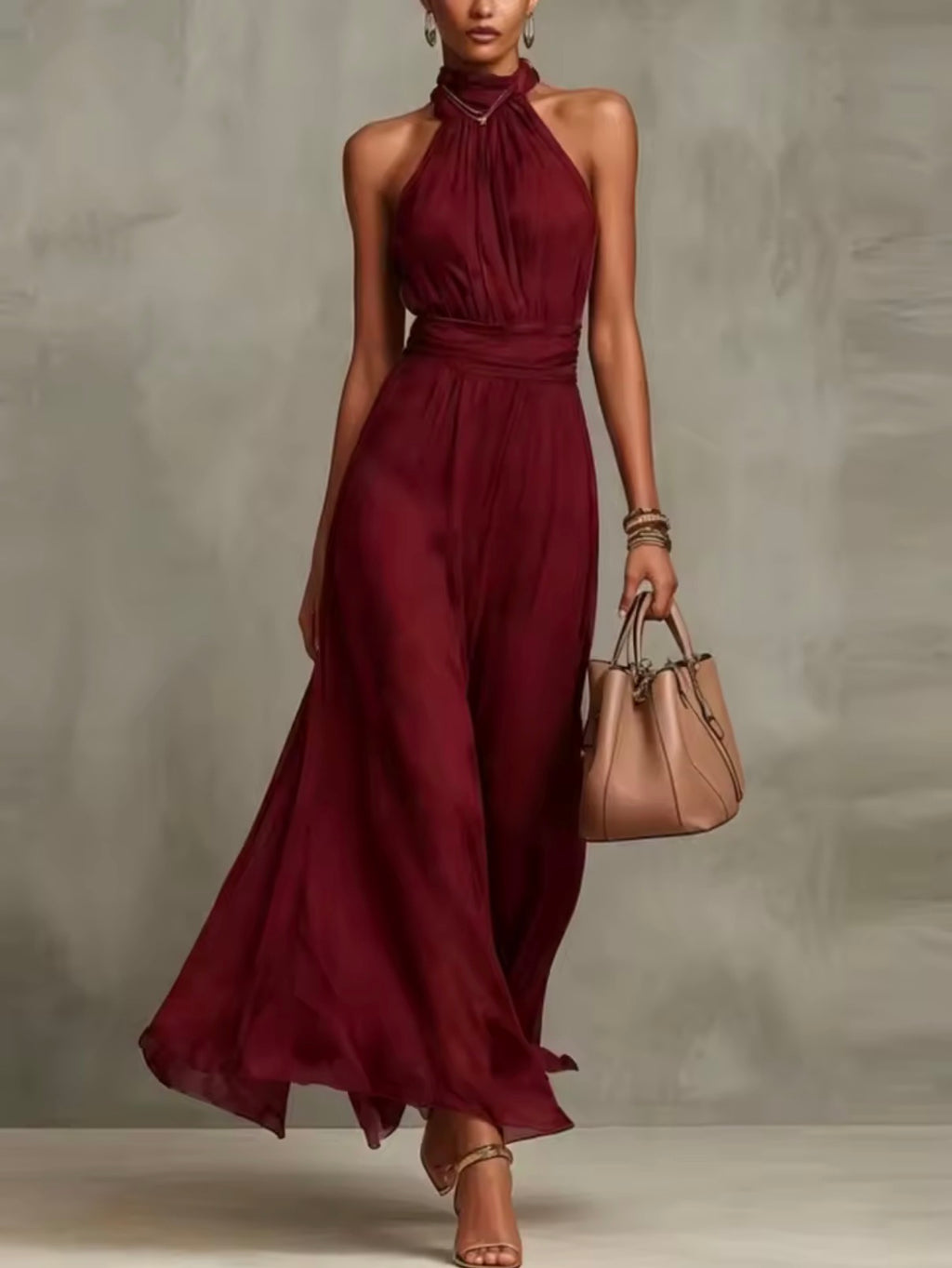 Vestido de gasa halter burdeos - vista frontal