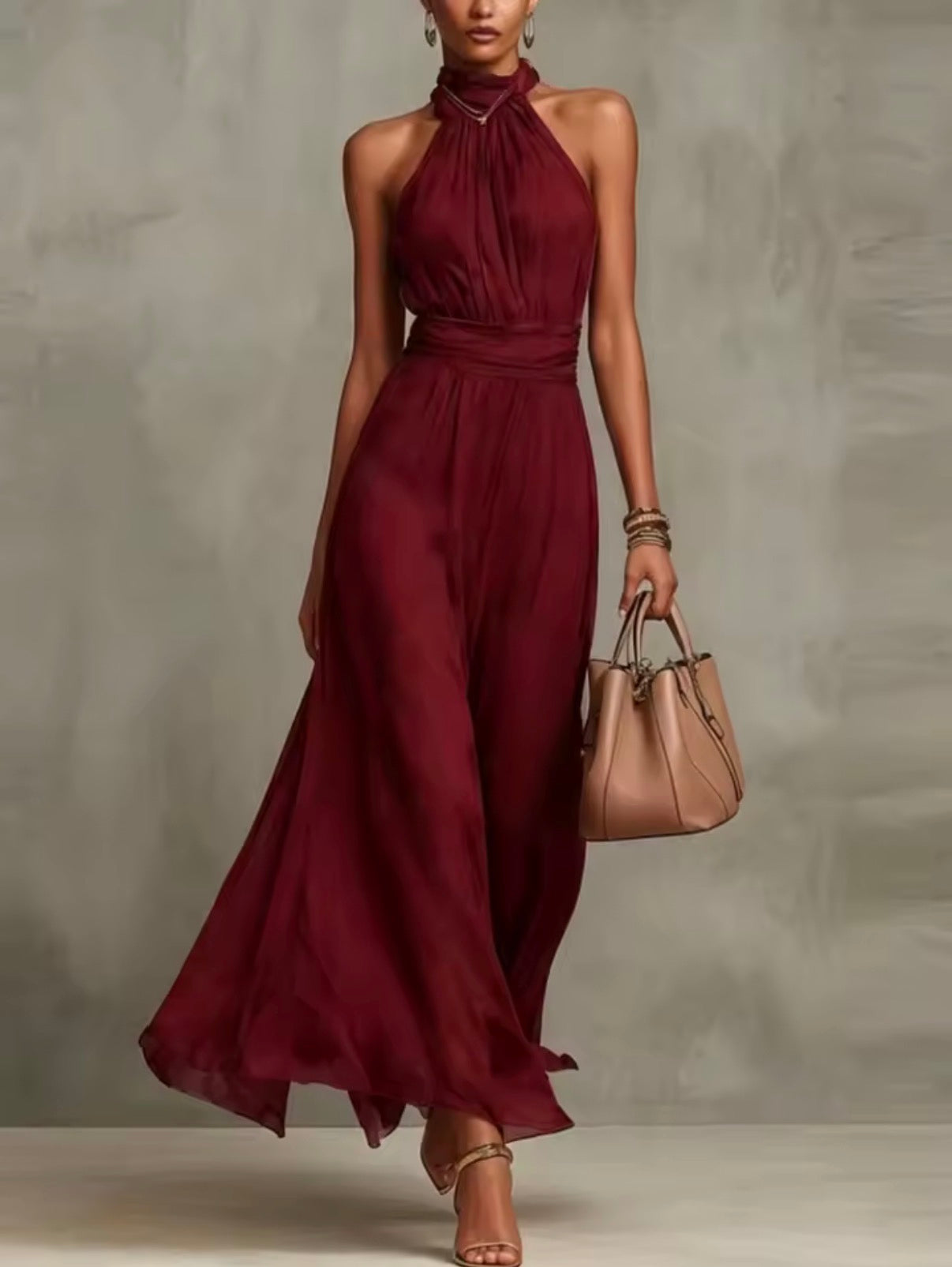 Vestido de gasa halter burdeos - vista frontal