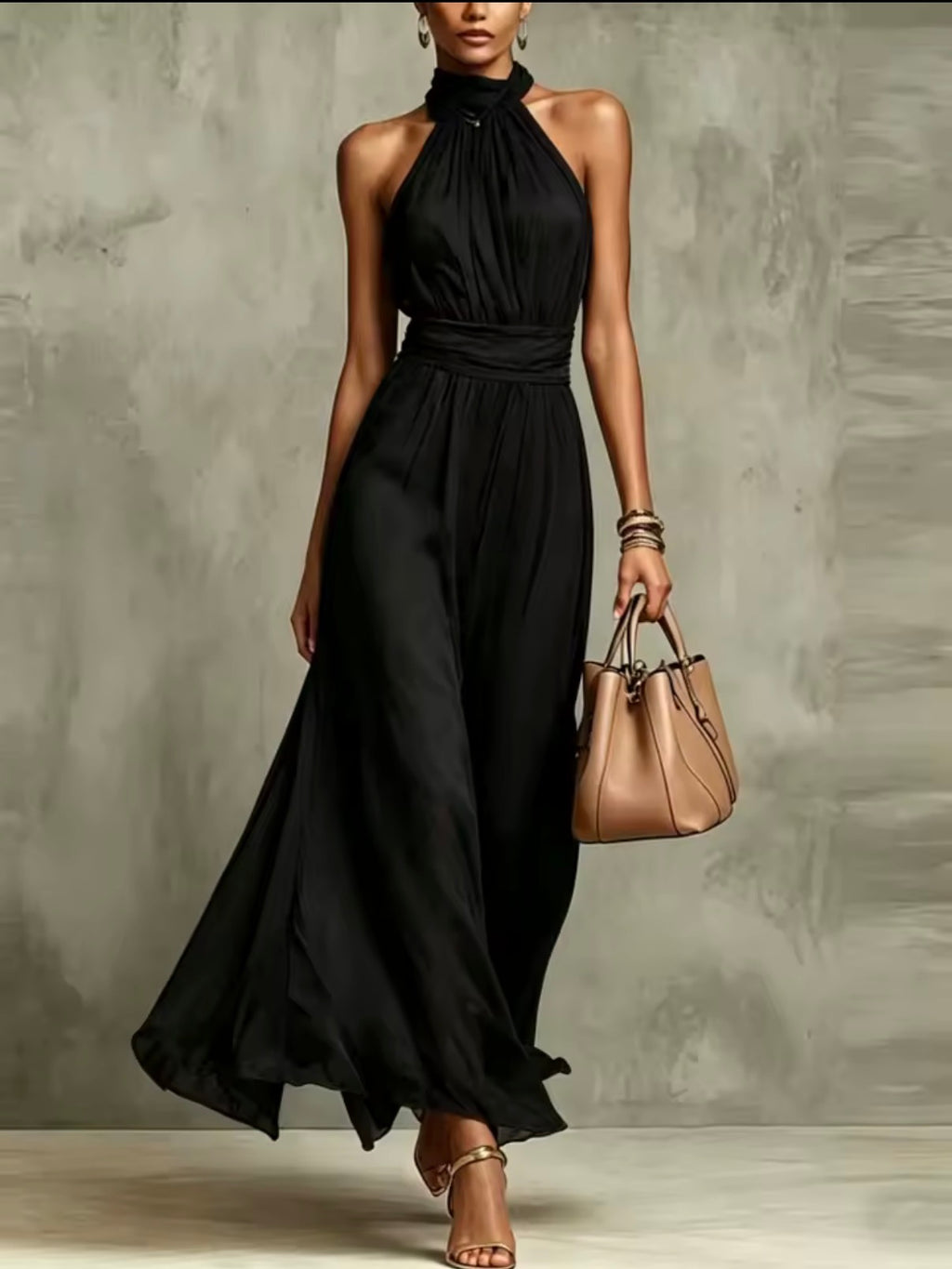 Vestido de gasa halter negro - vista frontal