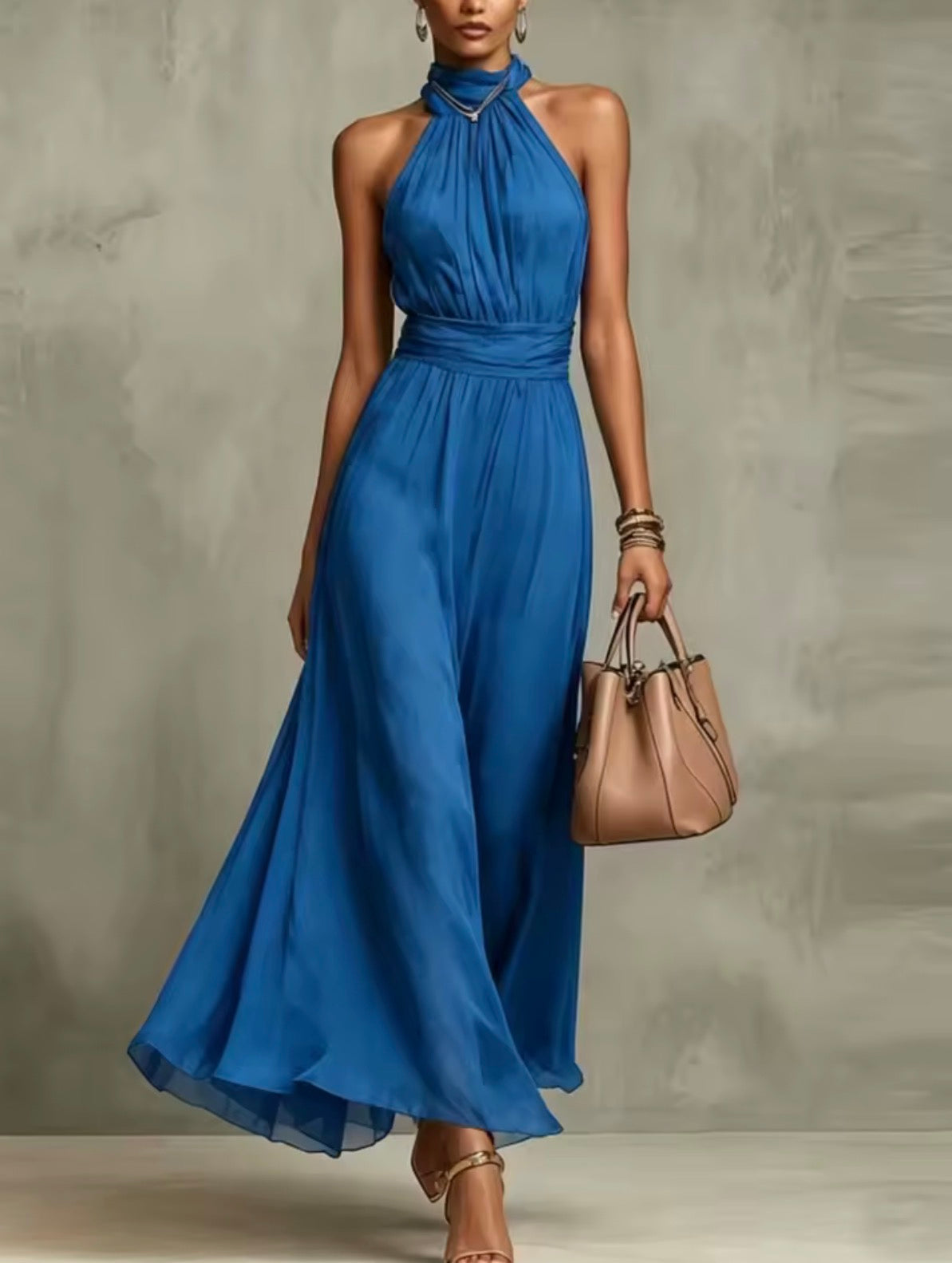 Vestido de gasa halter azul - vista frontal