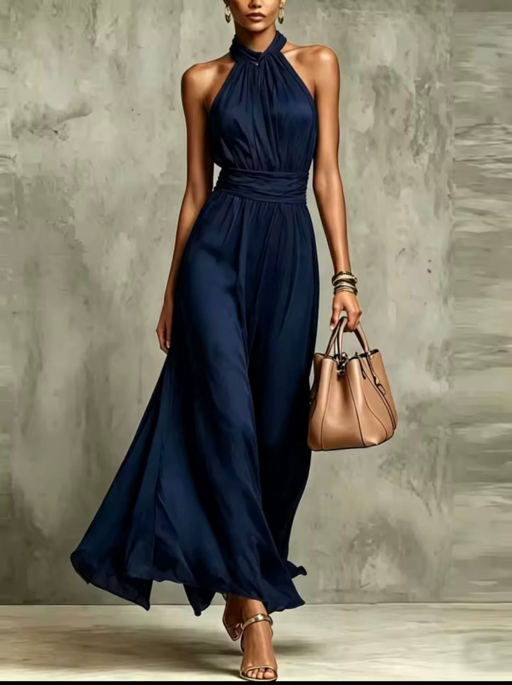Vestido de gasa halter azul marino - vista frontal