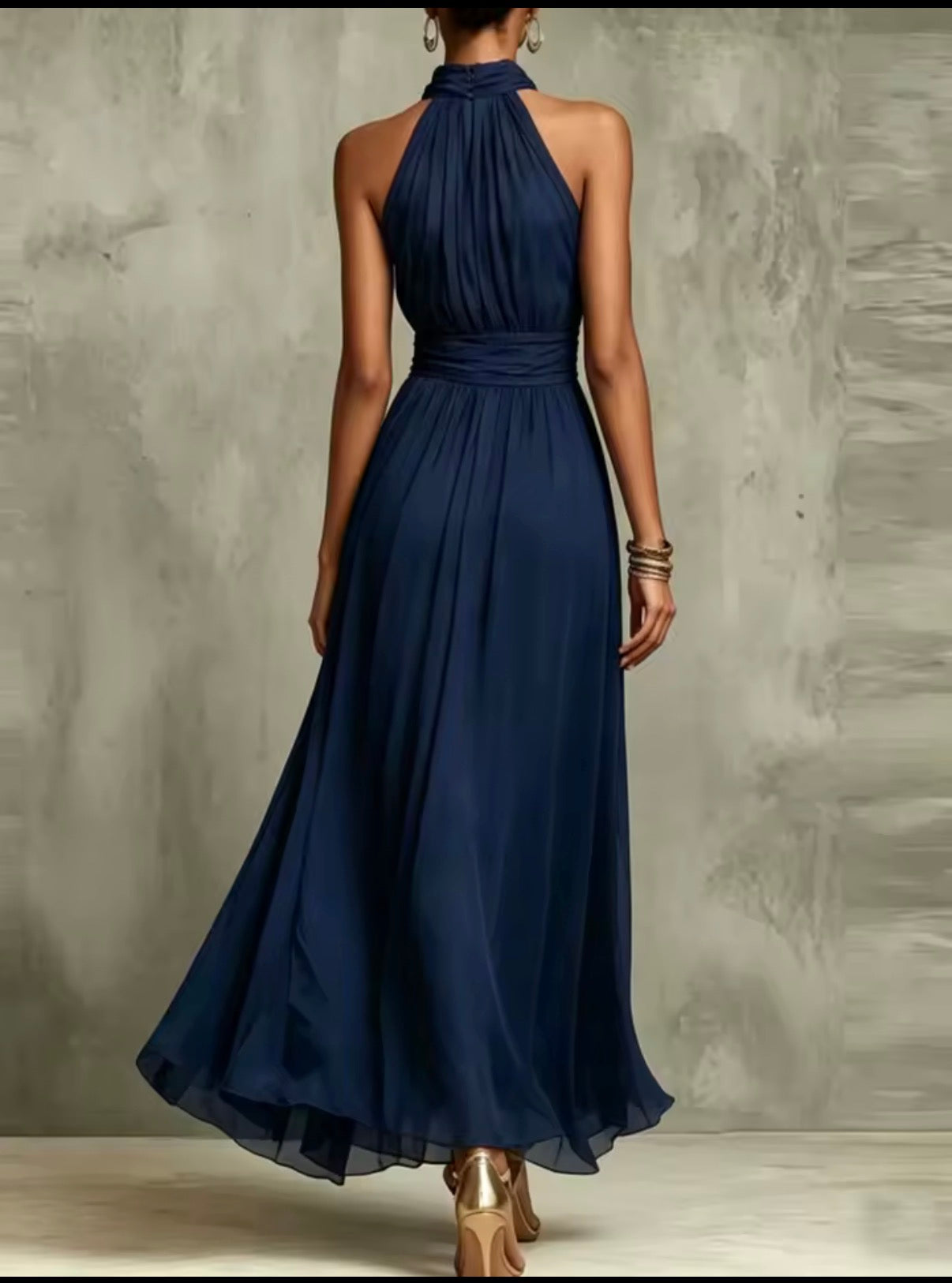 Vestido de gasa halter azul marino - vista trasera