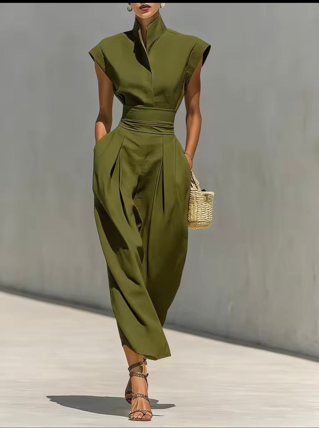 Mono midi cuello mao en verde oliva