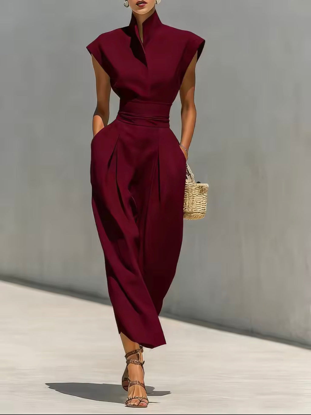 Mono midi cuello mao en burdeos