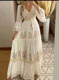 Vestido maxi boho bordado en crema con detalles dorados