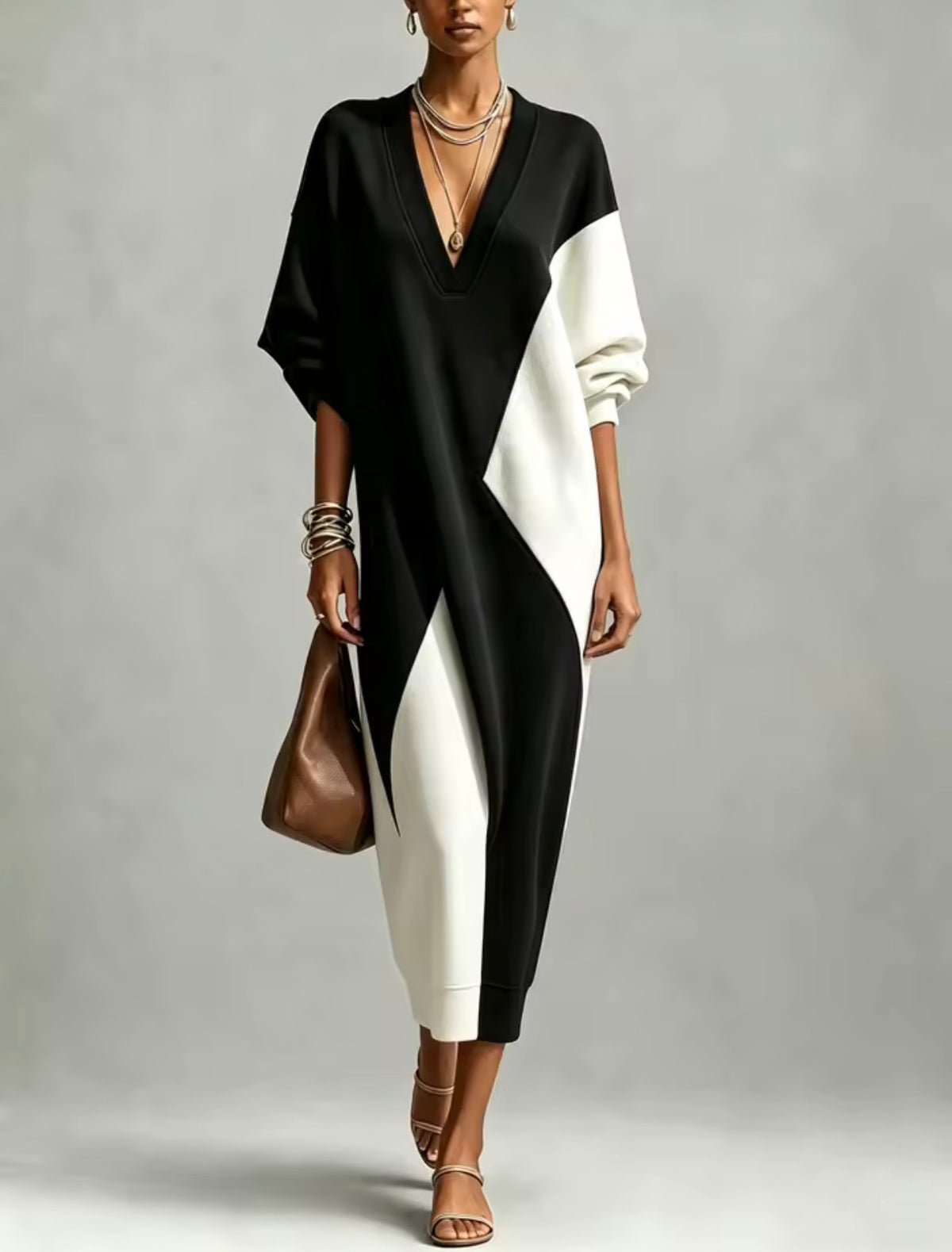 Vestido midi bicolor negro y blanco - vista frontal