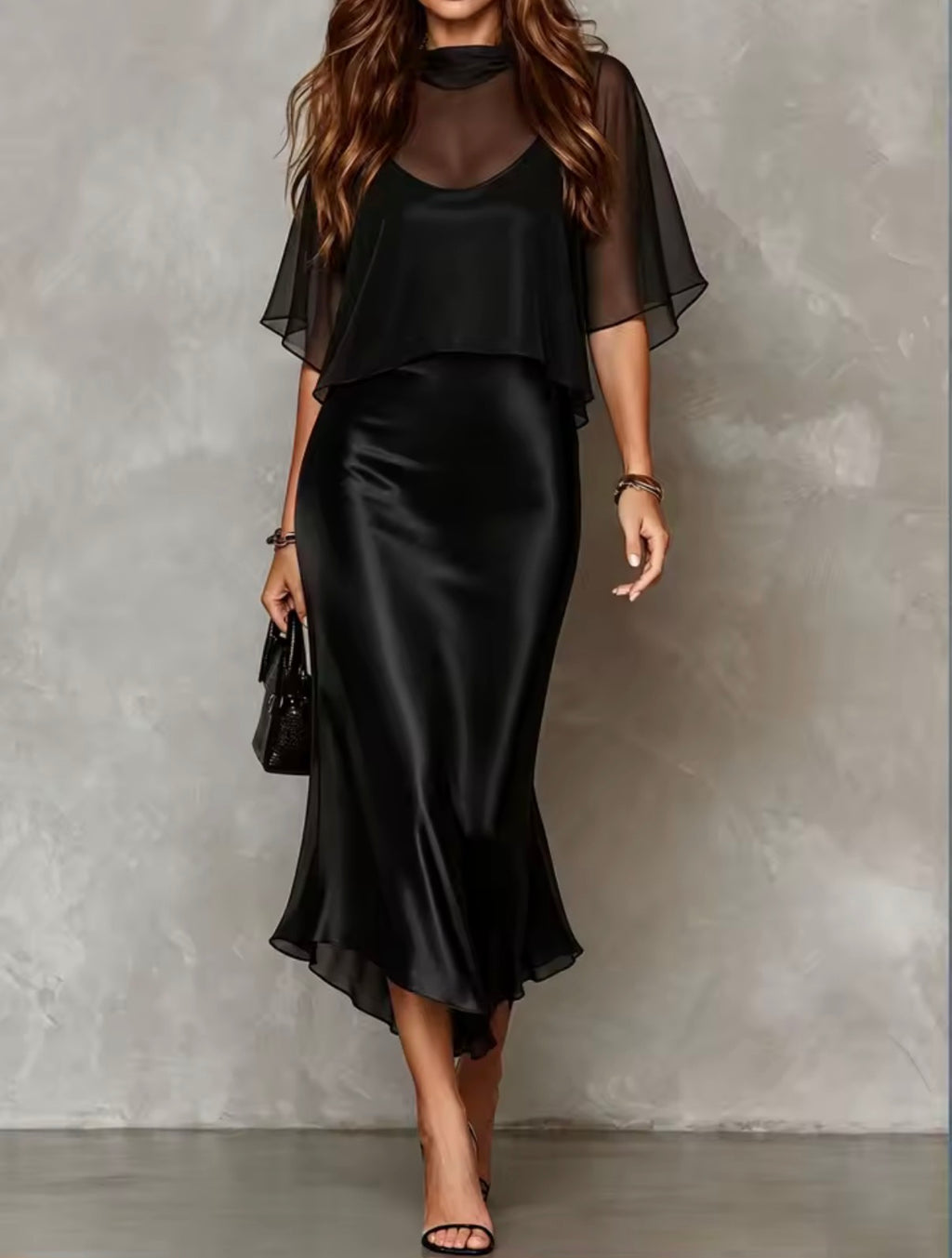 Conjunto slip dress negro - vista frontal con capa
