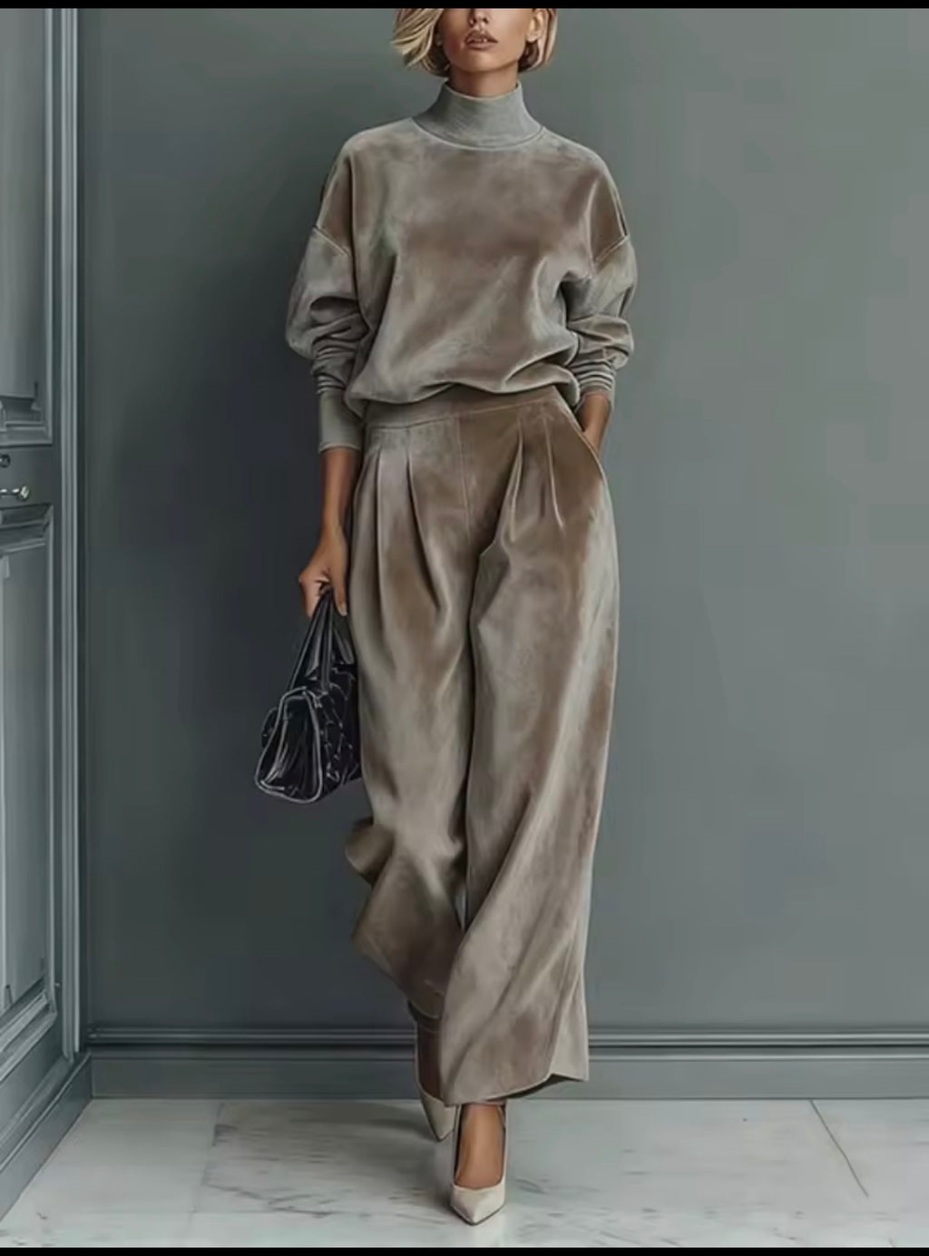Conjunto terciopelo topo - cuello alto y pantalón palazzo