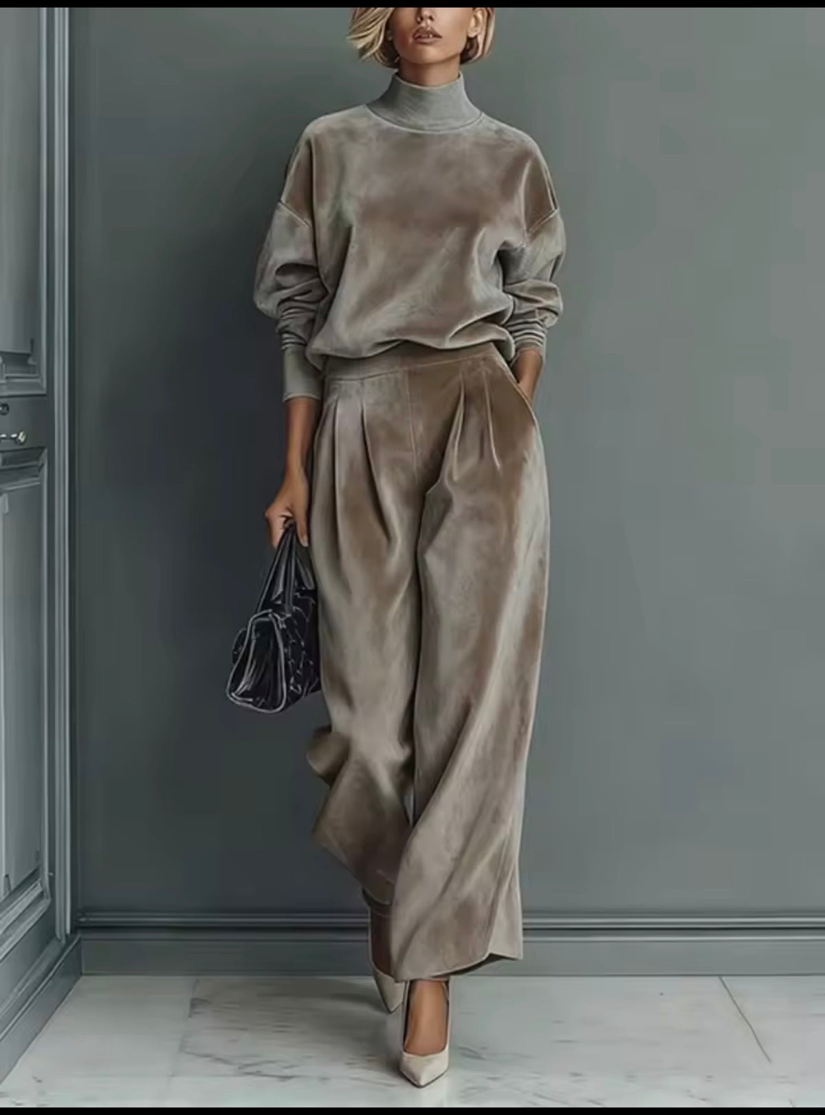 Conjunto terciopelo topo - cuello alto y pantalón palazzo
