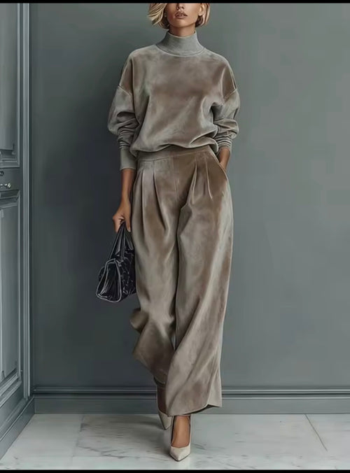 Conjunto terciopelo topo - cuello alto y pantalón palazzo