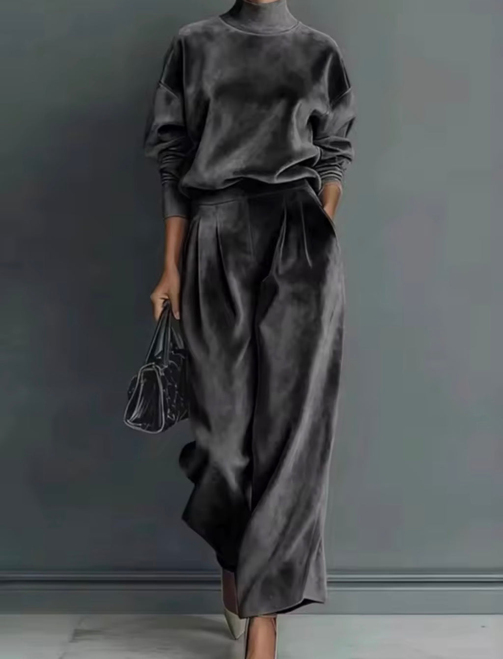Conjunto terciopelo gris antracita - cuello alto y pantalón palazzo