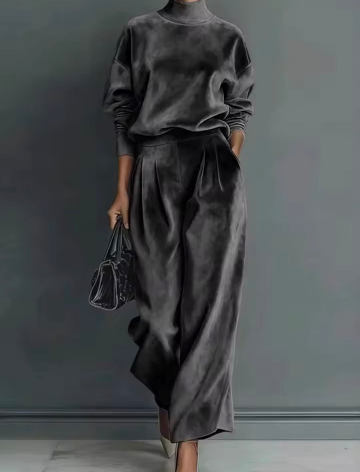 Conjunto terciopelo gris antracita - cuello alto y pantalón palazzo