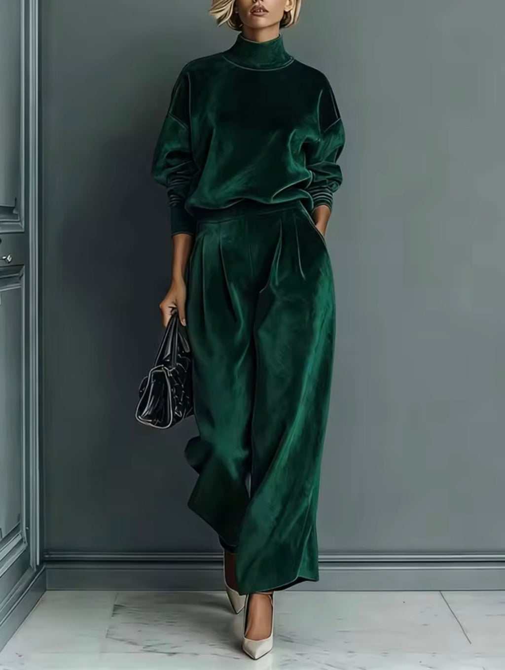 Conjunto terciopelo verde oscuro - cuello alto y pantalón palazzo