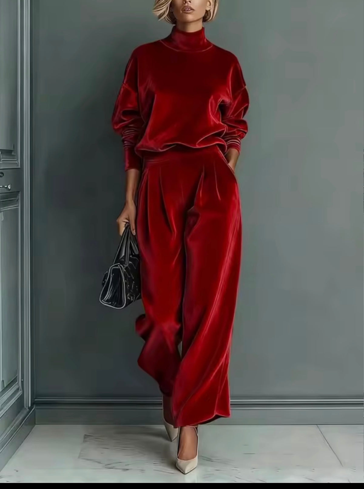 Conjunto terciopelo rojo - cuello alto y pantalón palazzo