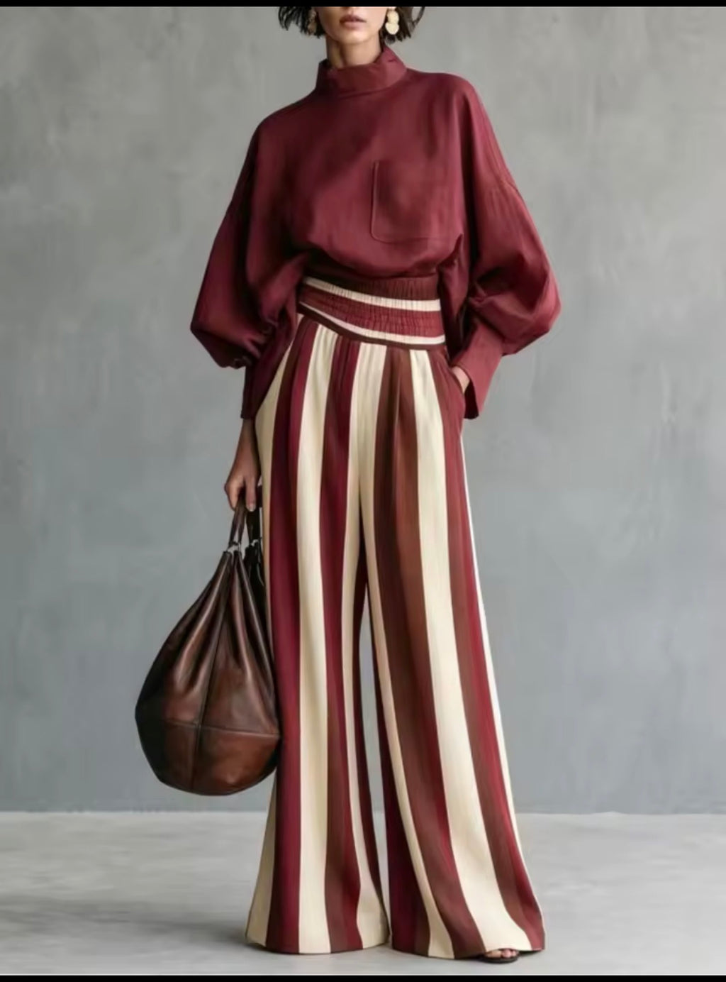 Conjunto palazzo rayas burdeos - blusa manga farol