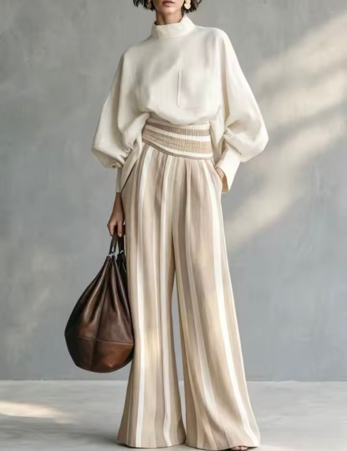 Conjunto palazzo rayas crema - blusa manga farol