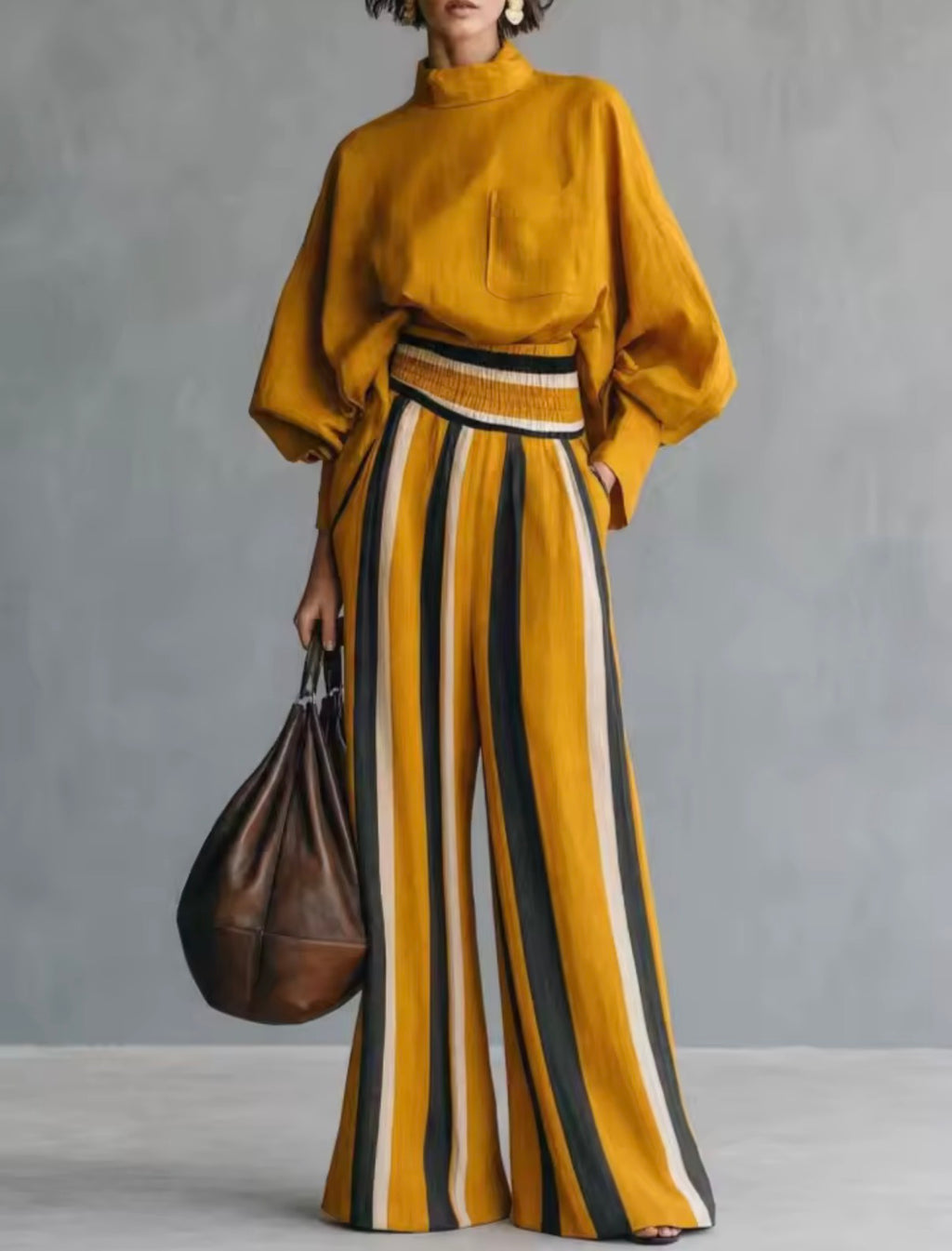 Conjunto palazzo rayas mostaza - blusa manga farol