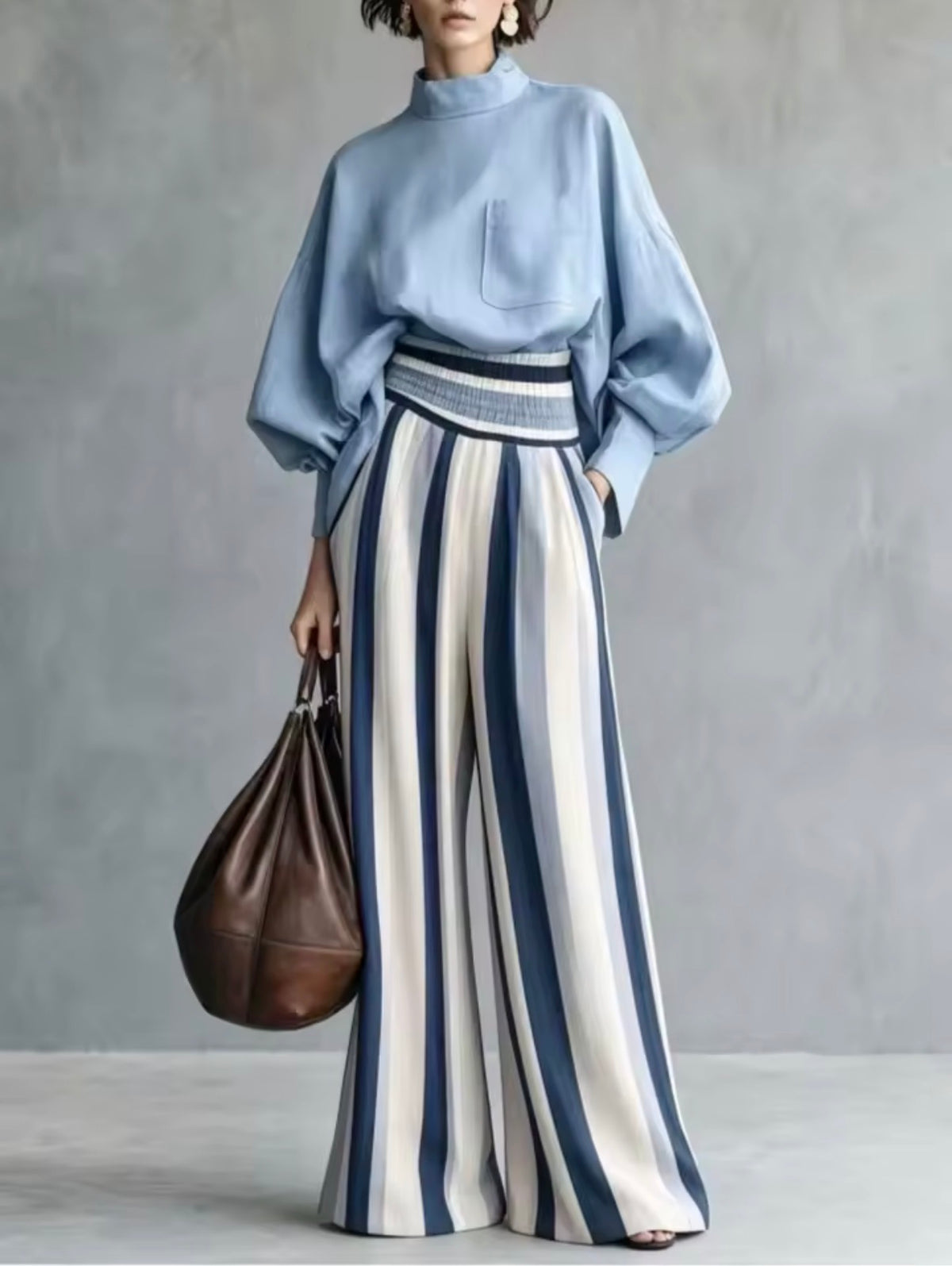Conjunto palazzo rayas azul - blusa manga farol