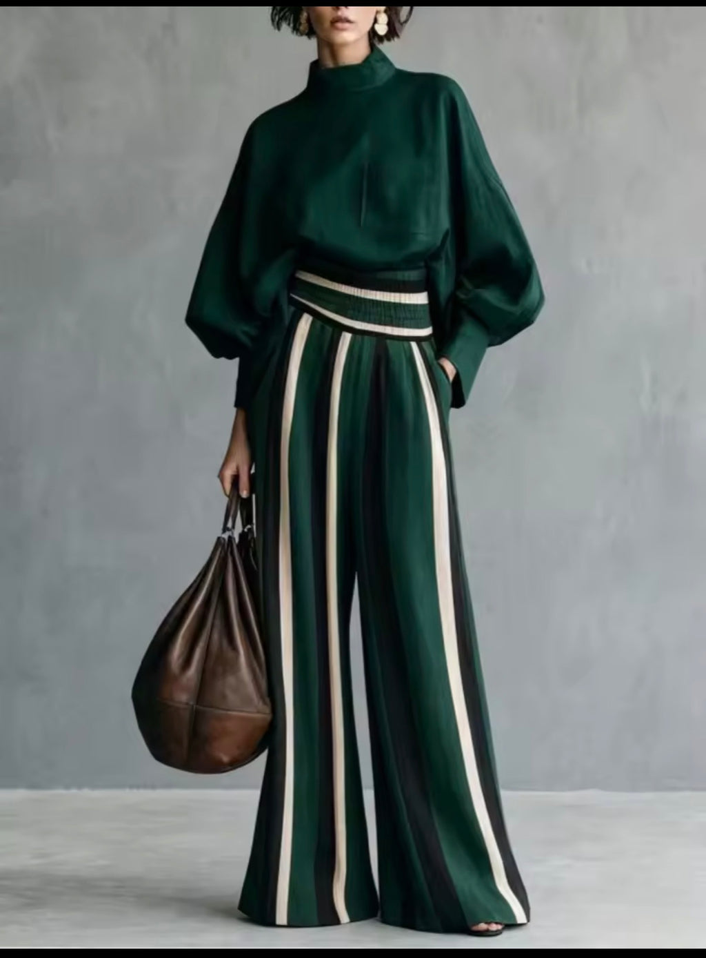 Conjunto palazzo rayas verde - blusa manga farol
