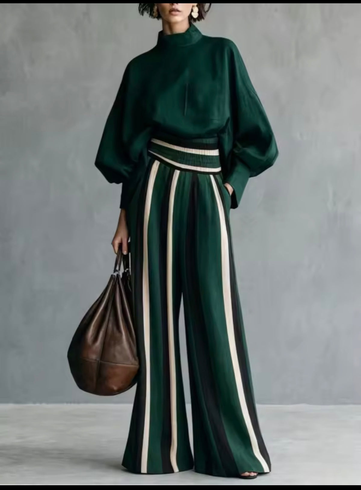 Conjunto palazzo rayas verde - blusa manga farol