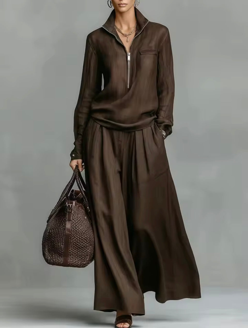 Conjunto palazzo midi marrón chocolate - blusa cremallera