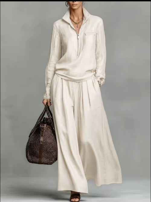 Conjunto palazzo midi crema - blusa cremallera