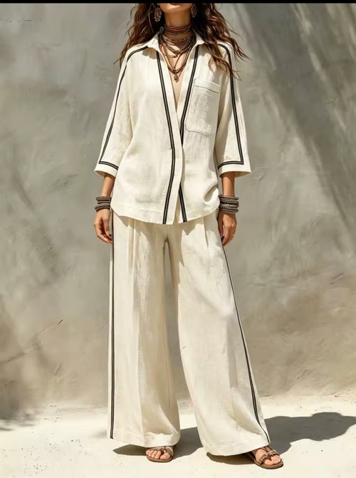Conjunto camisa oversize ribete negro crema - pantalón palazzo frontal