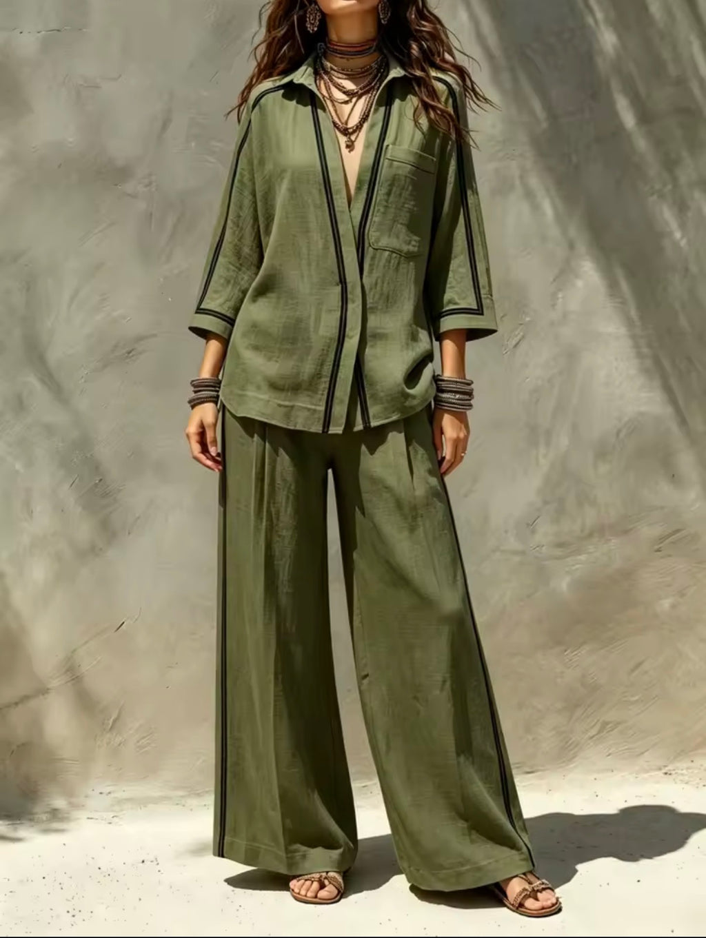 Conjunto camisa oversize ribete negro verde caqui - pantalón palazzo