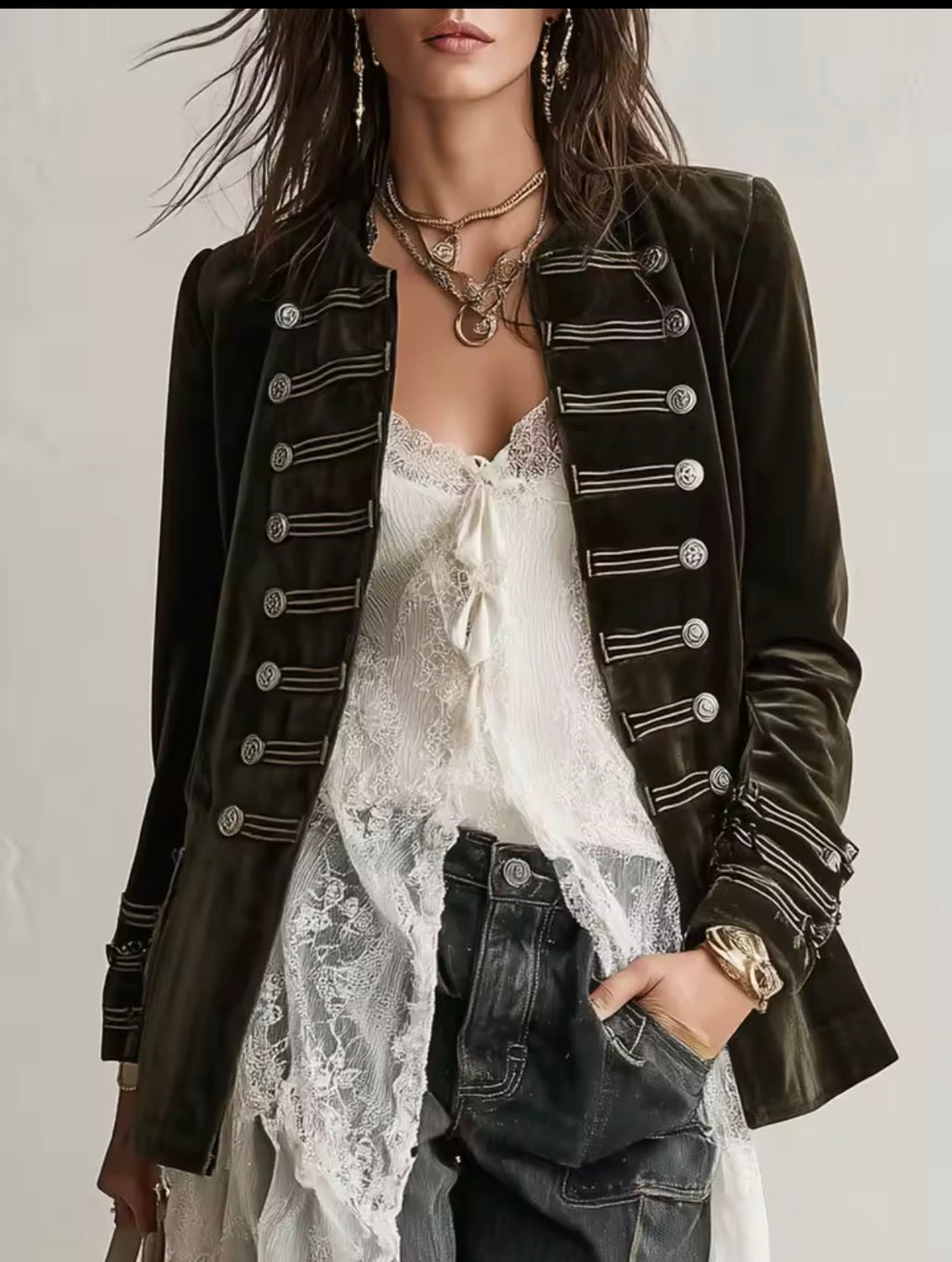 Chaqueta militar terciopelo negro - vista frontal botones plateados grabados