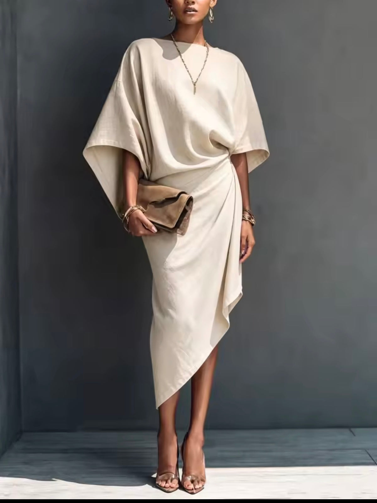 Vestido capa drapeado asimétrico - Beige