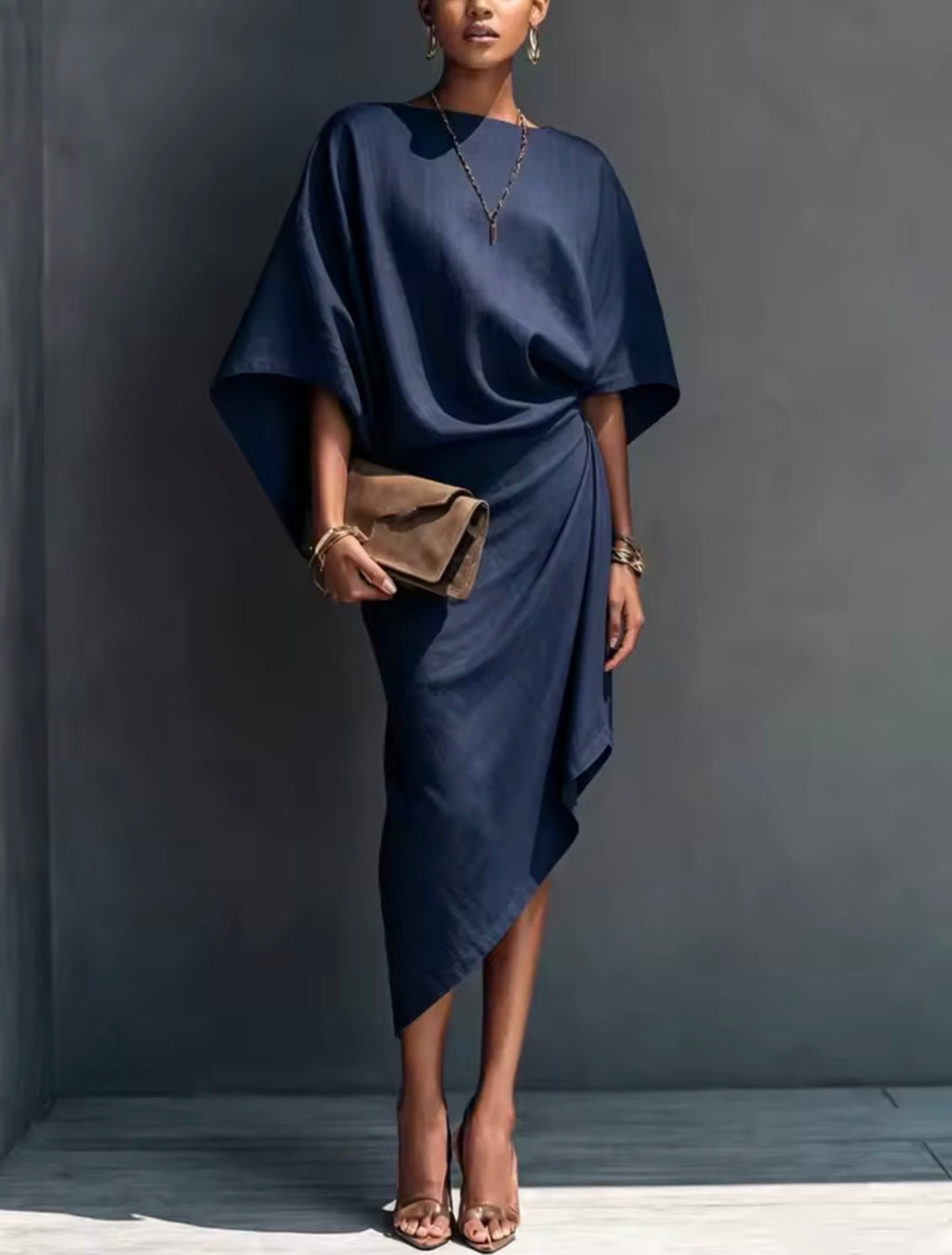 Vestido capa drapeado asimétrico - Azul Marino