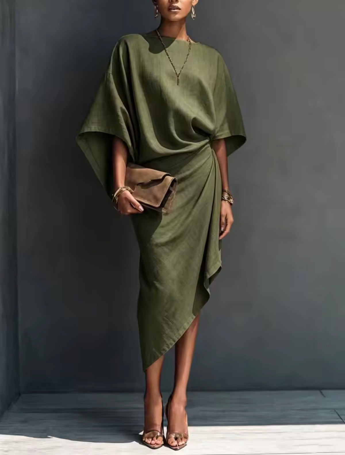 Vestido capa drapeado asimétrico - Verde Oliva