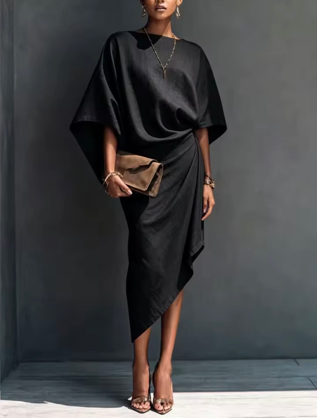 Vestido capa drapeado asimétrico - Negro