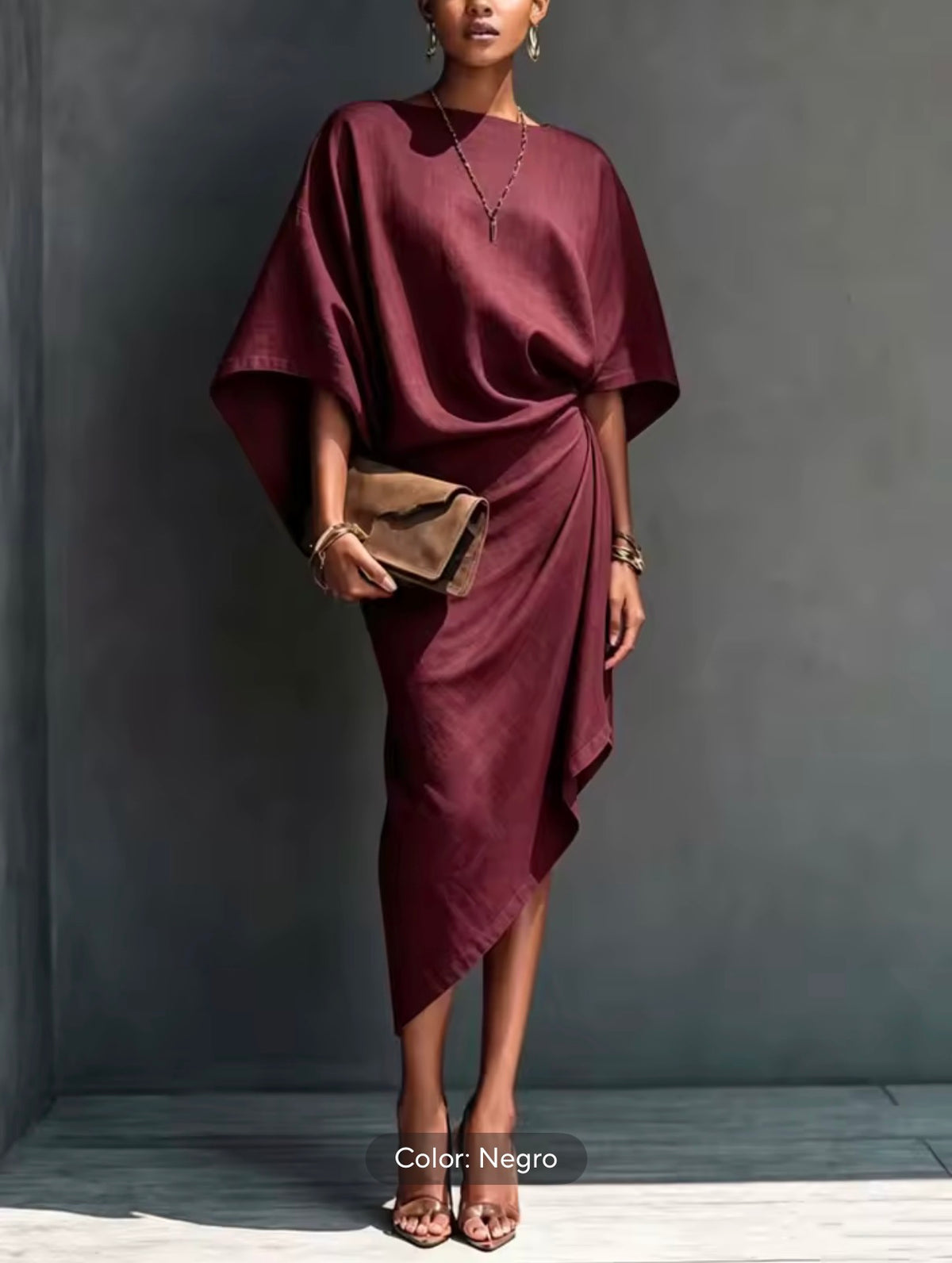 Vestido capa drapeado asimétrico - Burdeos