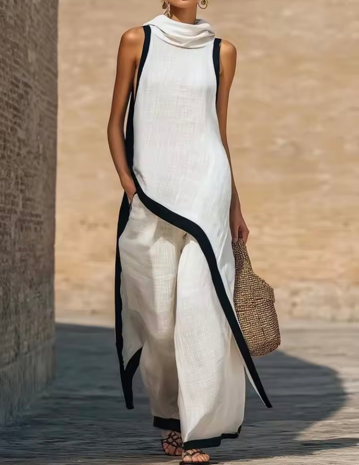 Conjunto túnica capucha palazzo - Blanco con ribete negro frontal