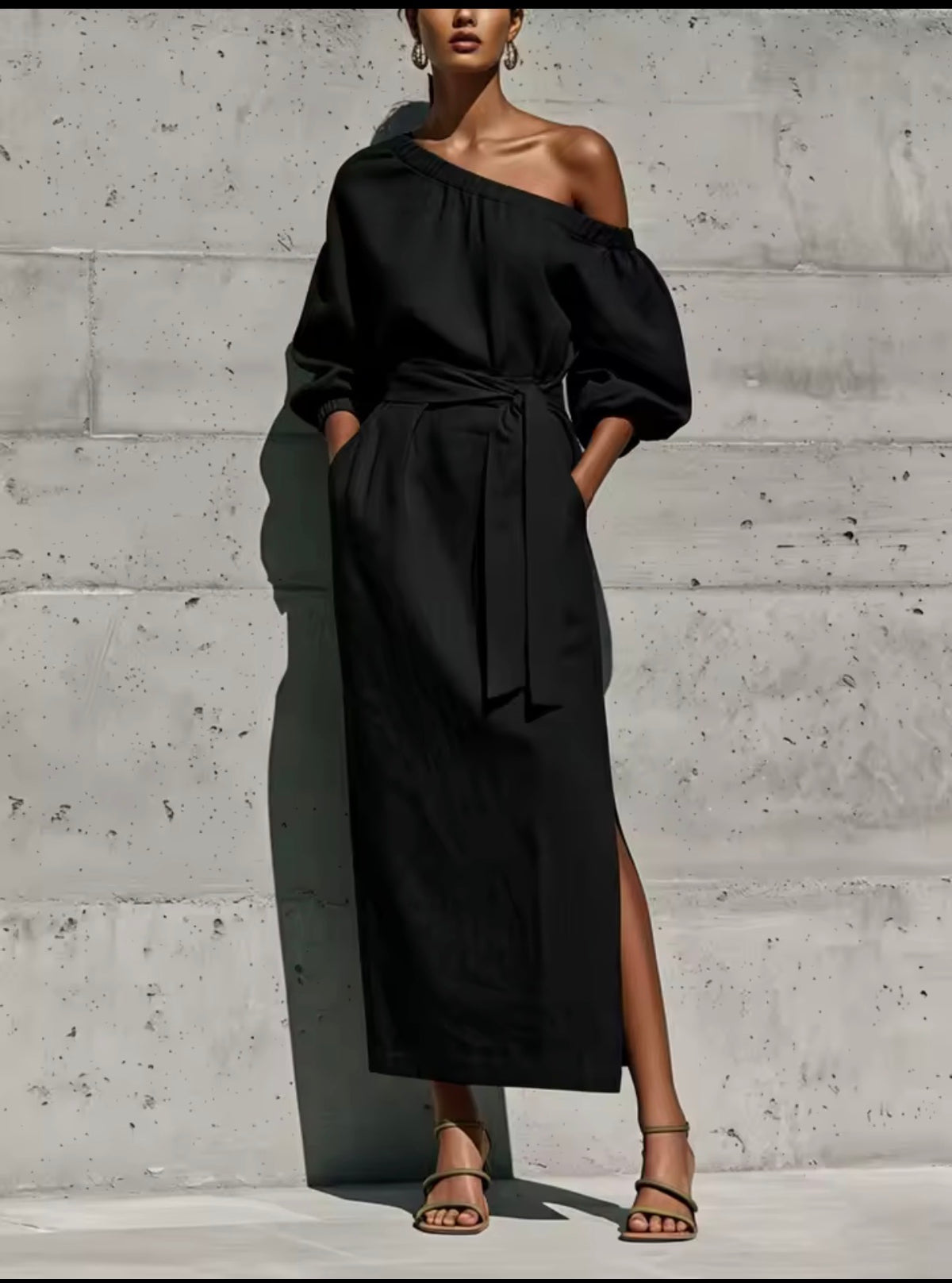 Vestido midi hombro asimétrico lino verde