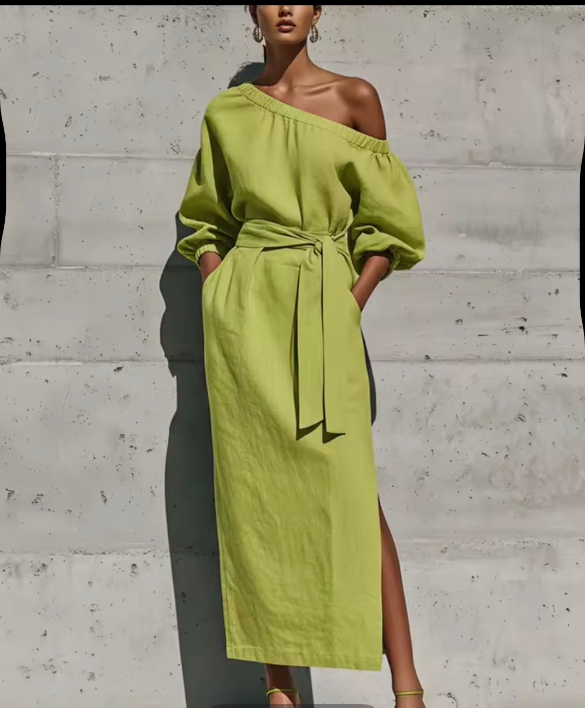 Vestido midi hombro asimétrico lino blanco