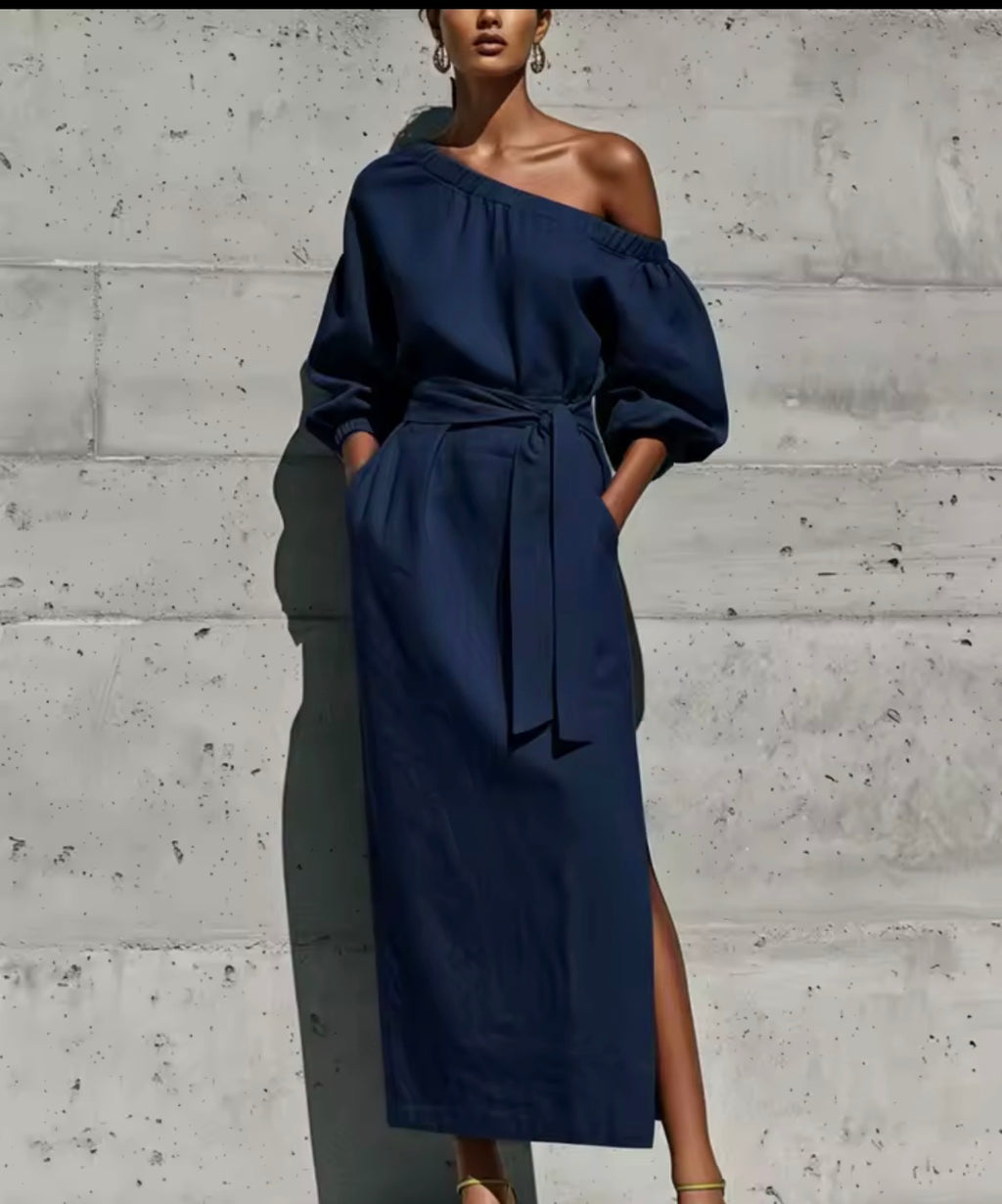 Vestido Midi Hombro Asimétrico Lino