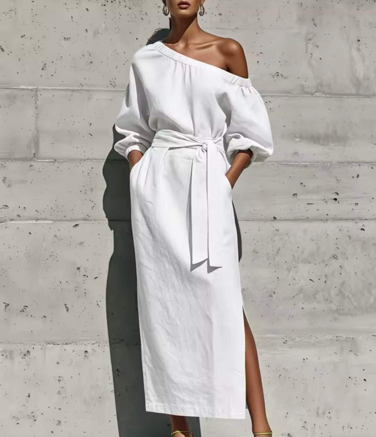 Vestido Midi Hombro Asimétrico Lino