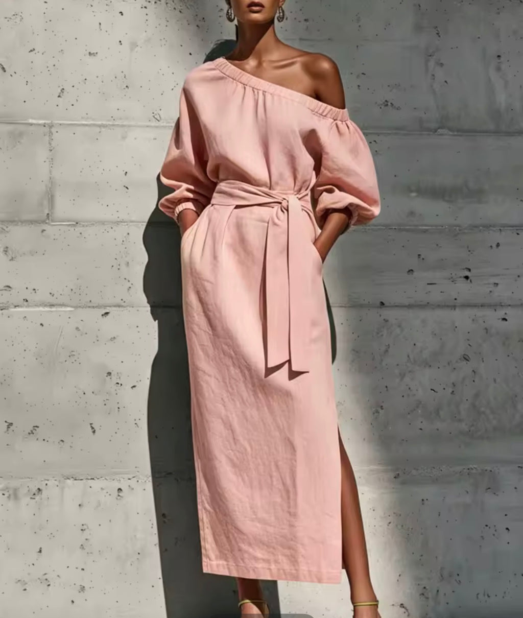 Vestido Midi Hombro Asimétrico Lino