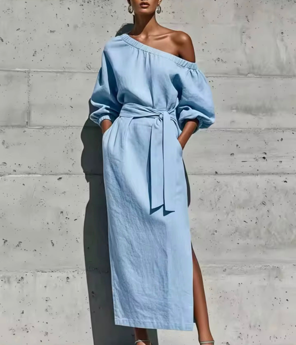 Vestido Midi Hombro Asimétrico Lino