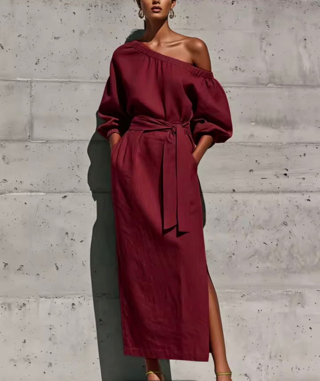 Vestido Midi Hombro Asimétrico Lino