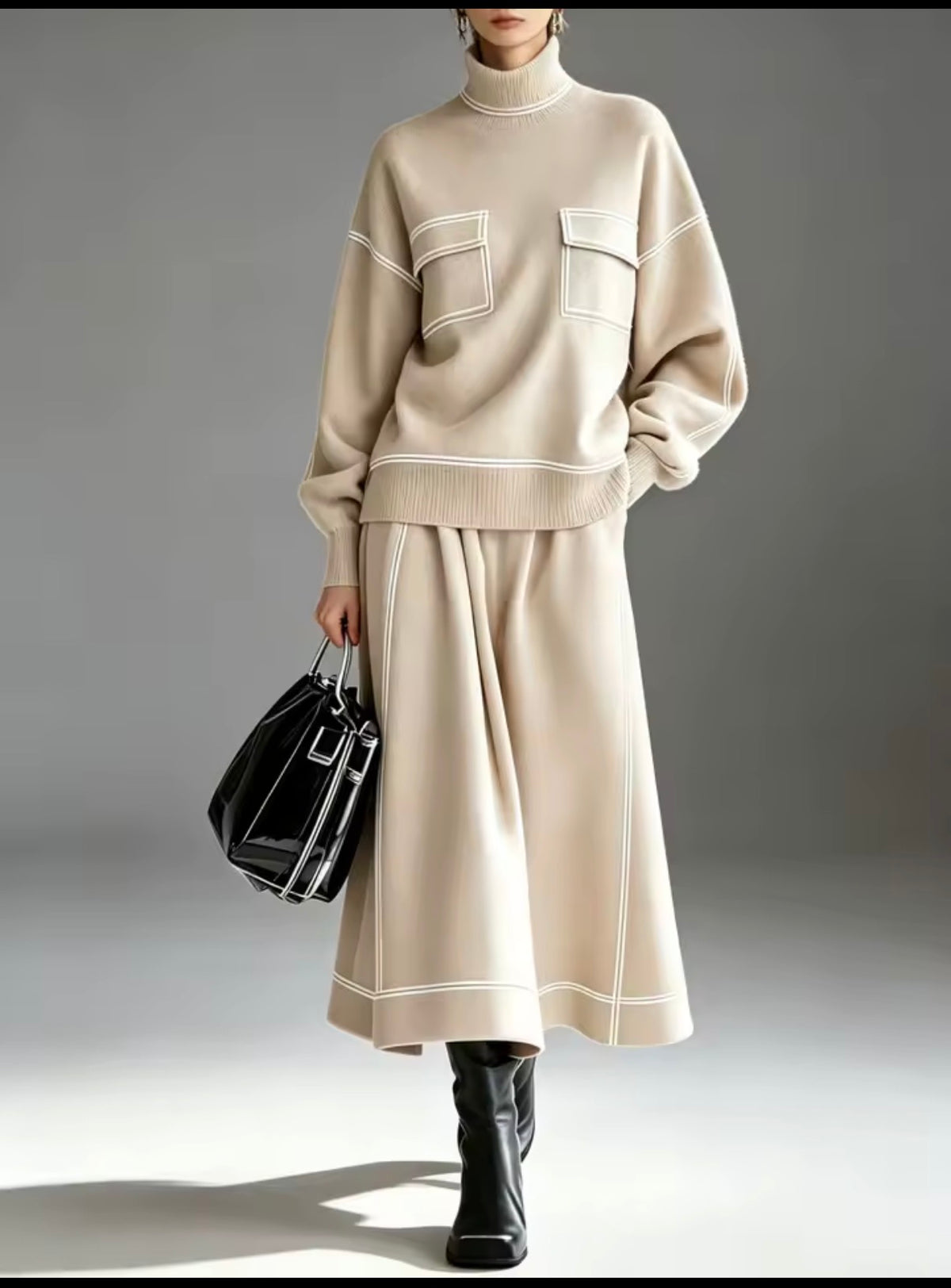 Conjunto punto cuello alto con falda midi - Beige