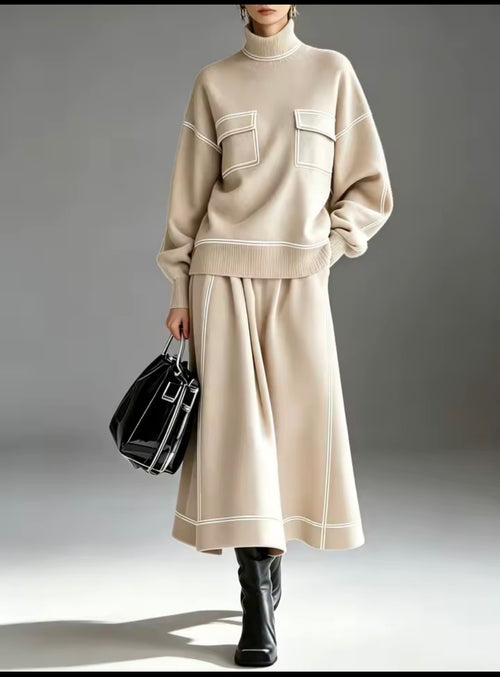 Conjunto punto cuello alto con falda midi - Beige
