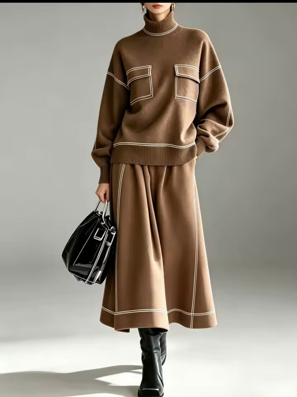 Conjunto punto cuello alto con falda midi - Camel