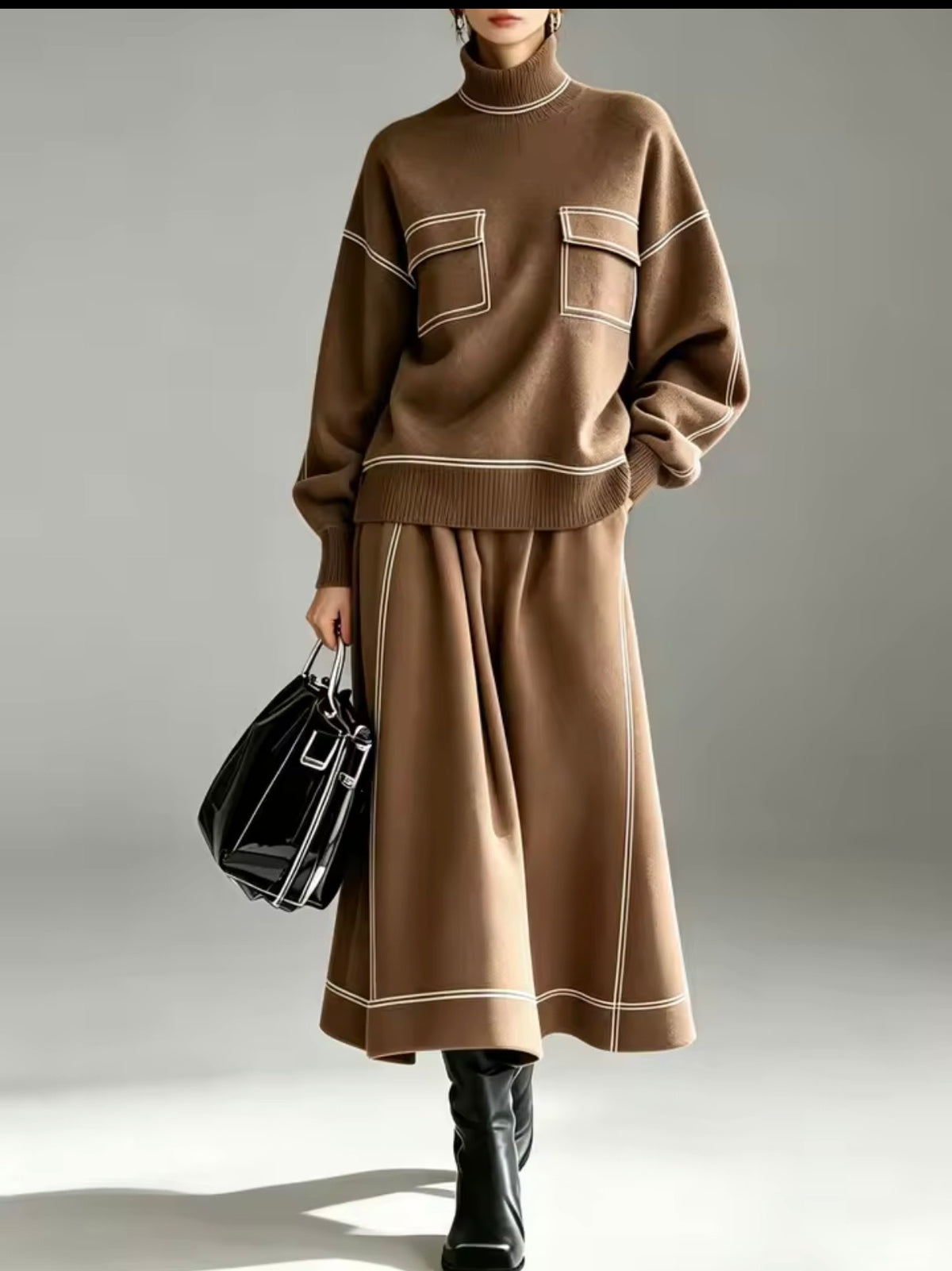 Conjunto punto cuello alto con falda midi - Camel