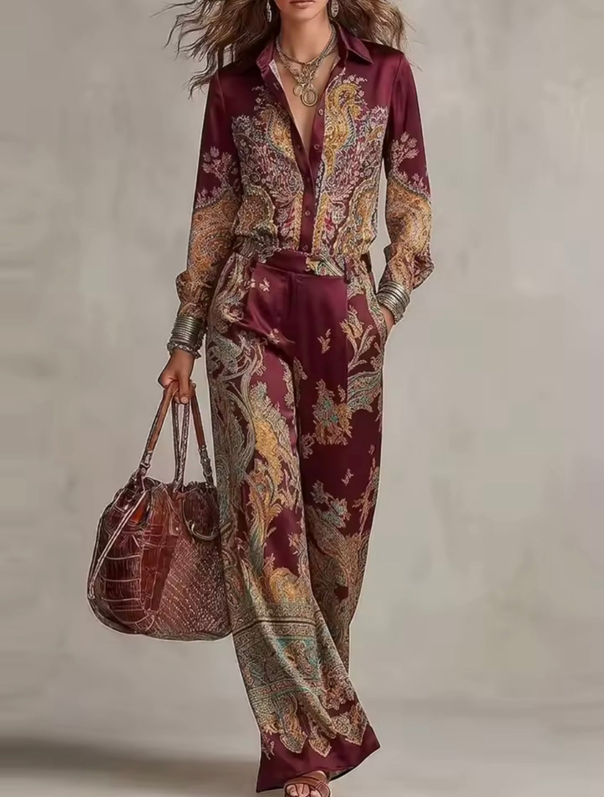 Conjunto satinado paisley burdeos - look completo frontal