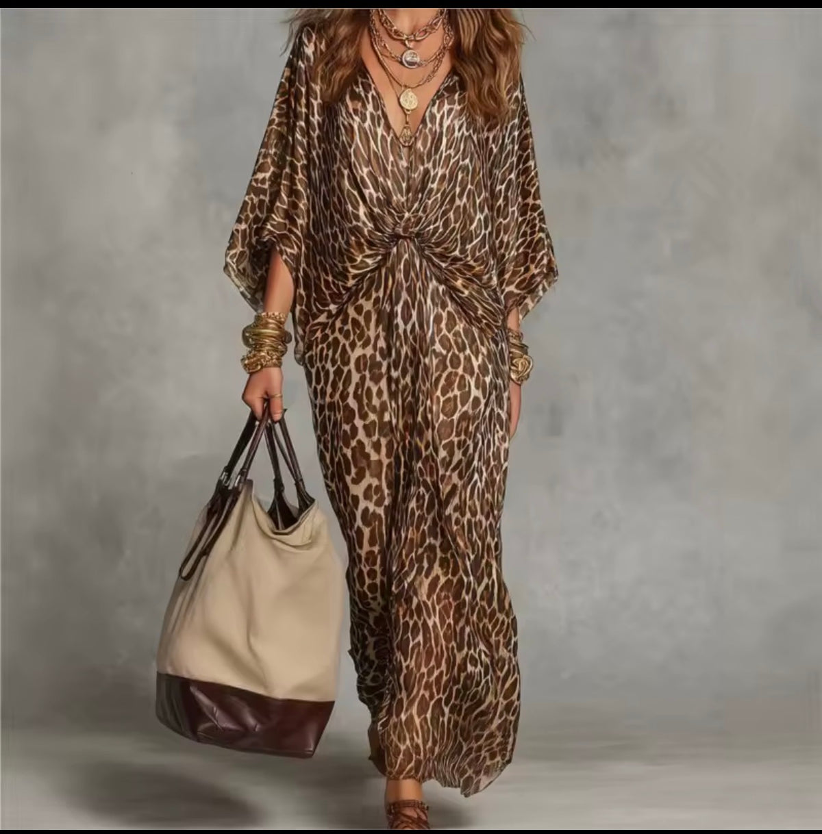 Vestido maxi caftán animal print leopardo marrón