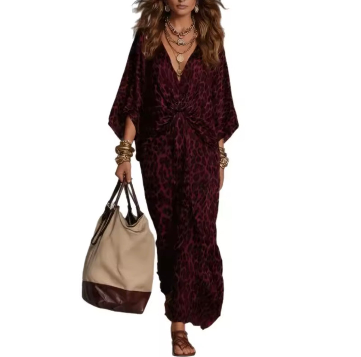 Vestido maxi caftán animal print burdeos